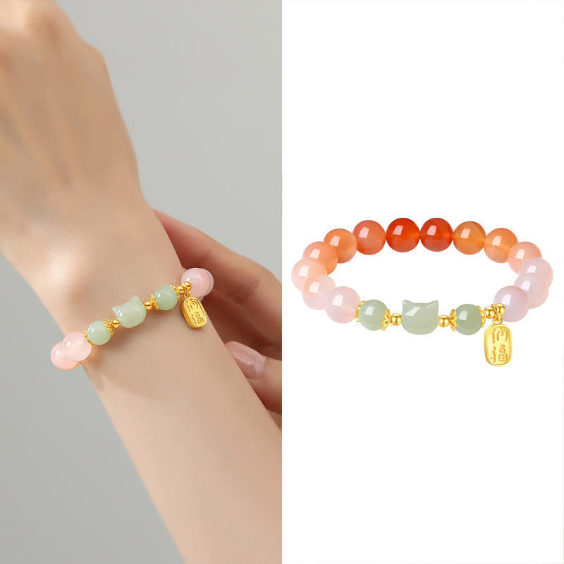 925 Sterling Silver Red Agate Hetian Jade Cat Fu Character Confidence Bracelet