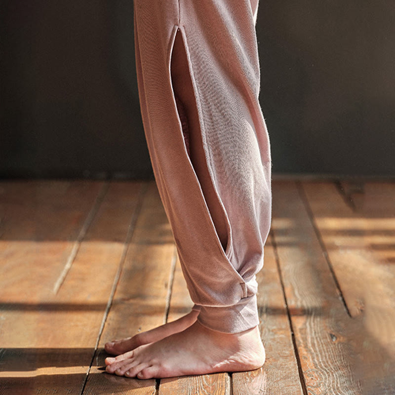 Casual Plain Threaded Slit Hem Women's Spandex Pants With Pockets