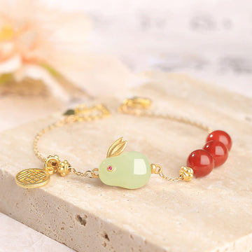 Red Agate & Hetian Jade Rabbit Fu Ping An Kou Beaded Chain Bracelet