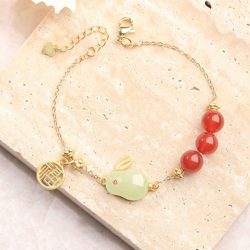 Red Agate & Hetian Jade Rabbit Fu Ping An Kou Beaded Chain Bracelet