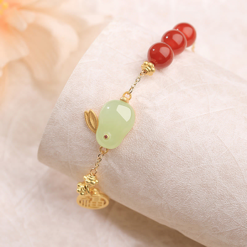Red Agate & Hetian Jade Rabbit Fu Ping An Kou Beaded Chain Bracelet