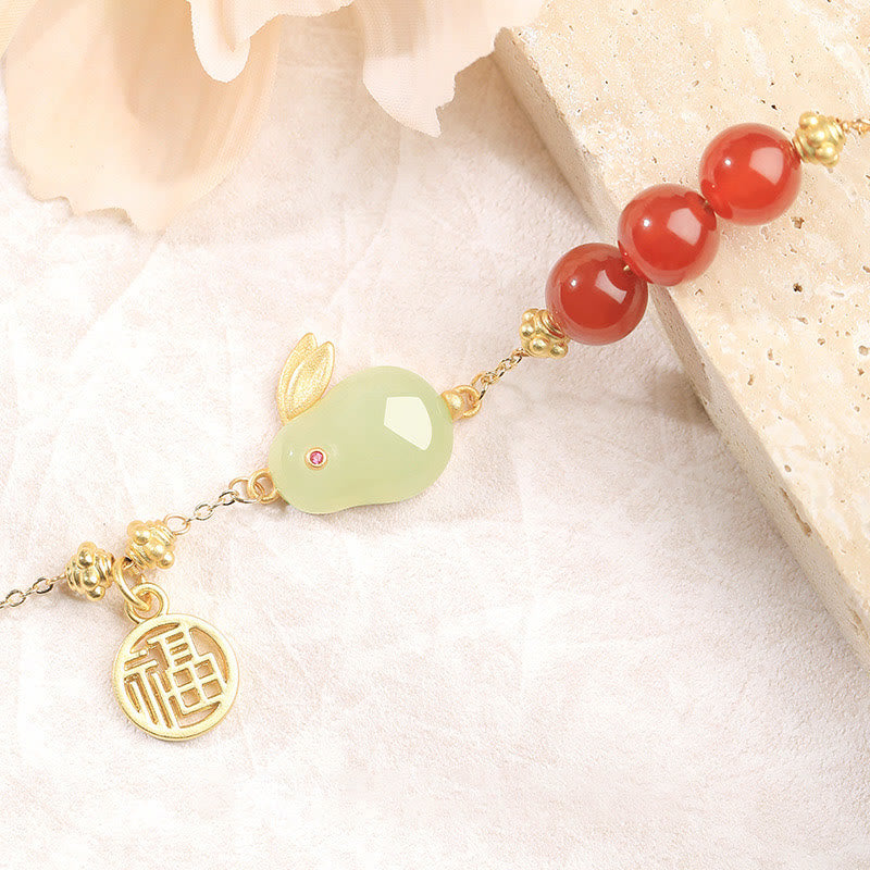 Red Agate & Hetian Jade Rabbit Fu Ping An Kou Beaded Chain Bracelet