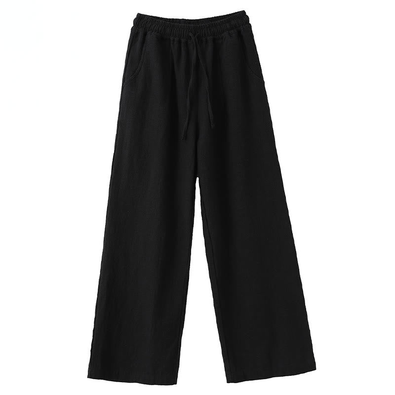 Casual Plain Loose Straight Leg Women's Ramie Cotton Wide Leg Pants With Pockets