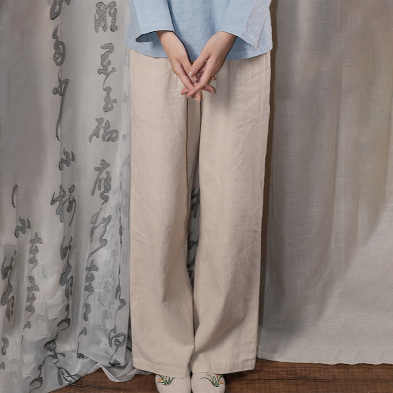 Casual Plain Loose Straight Leg Women's Ramie Cotton Wide Leg Pants With Pockets