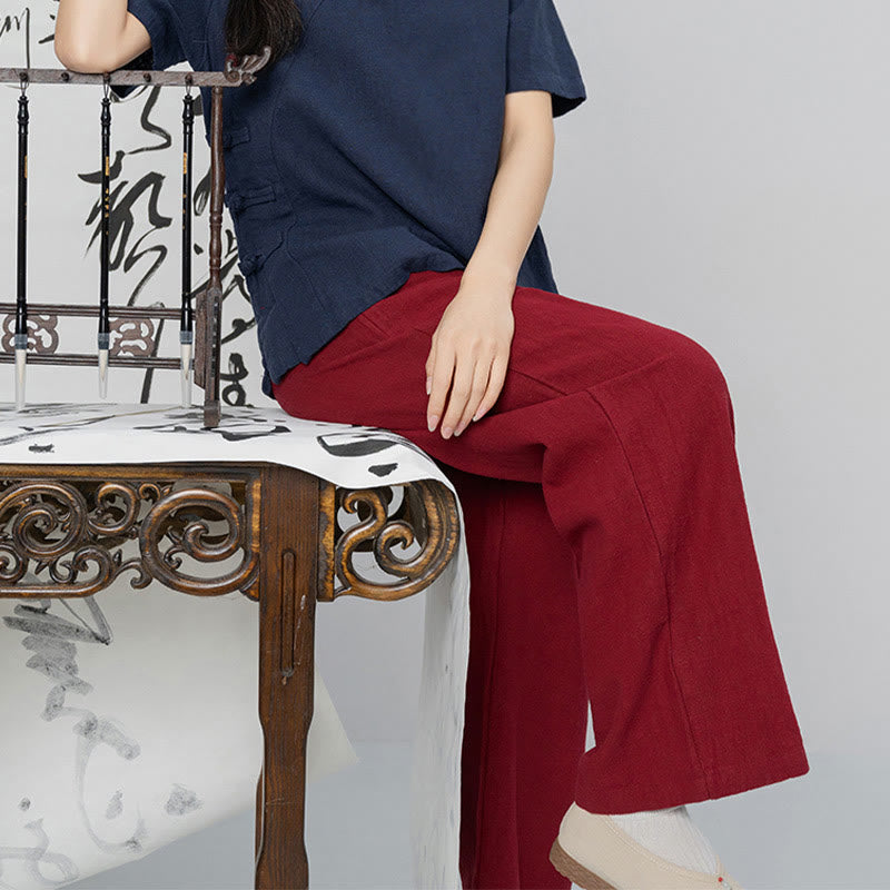 Casual Plain Loose Straight Leg Women's Ramie Cotton Wide Leg Pants With Pockets