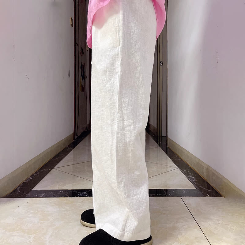 Casual Plain Loose Straight Leg Women's Ramie Cotton Wide Leg Pants With Pockets