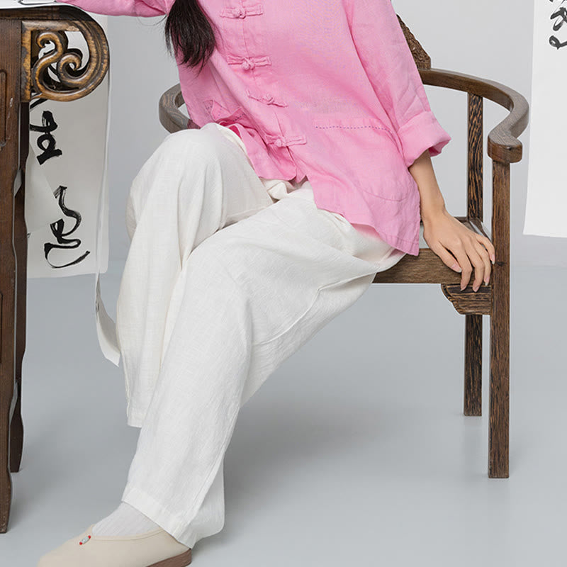 Casual Plain Loose Straight Leg Women's Ramie Cotton Wide Leg Pants With Pockets