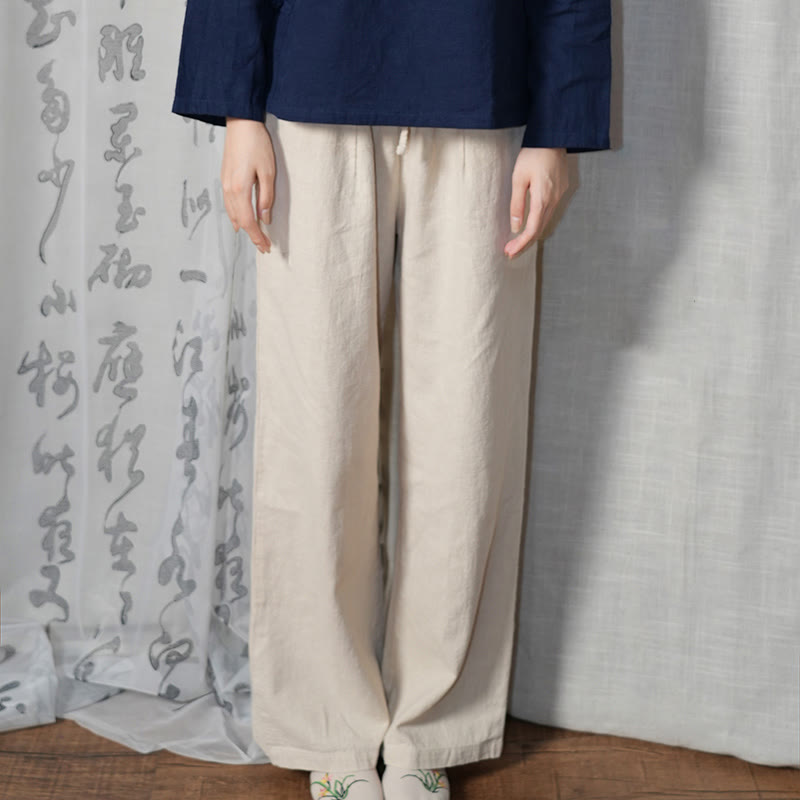 Casual Plain Loose Straight Leg Women's Ramie Cotton Wide Leg Pants With Pockets