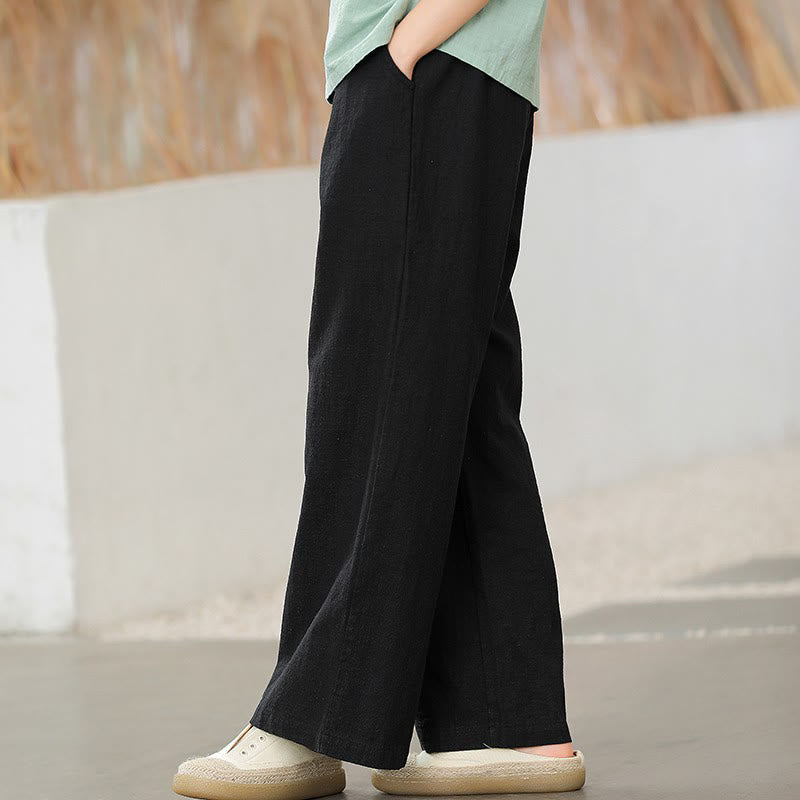 Casual Plain Loose Straight Leg Women's Ramie Cotton Wide Leg Pants With Pockets