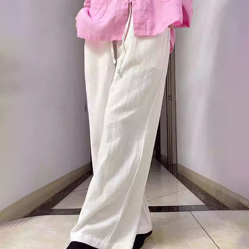 Casual Plain Loose Straight Leg Women's Ramie Cotton Wide Leg Pants With Pockets