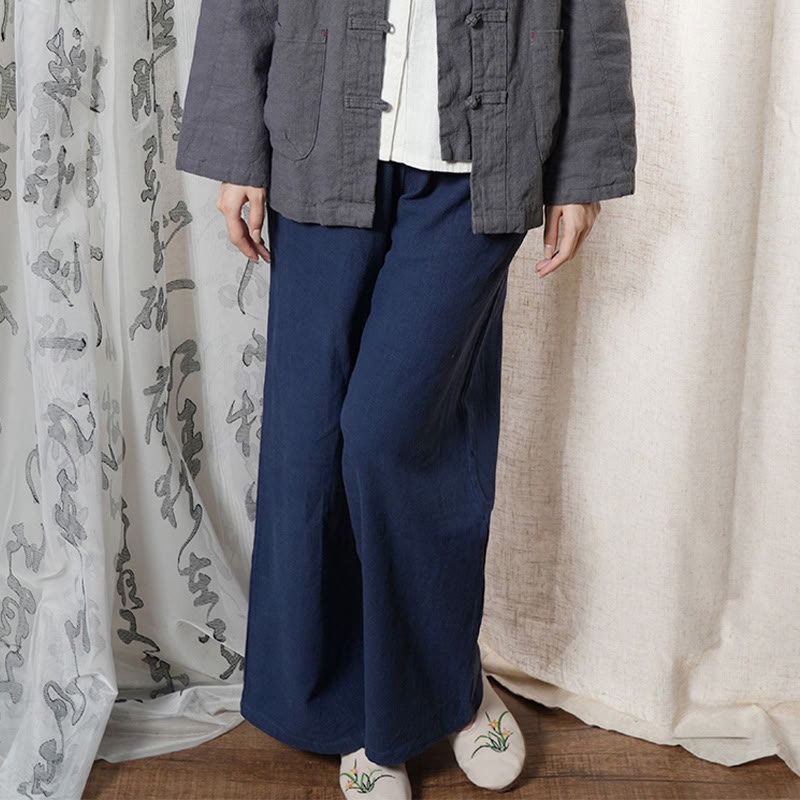 Casual Plain Loose Straight Leg Women's Ramie Cotton Wide Leg Pants With Pockets