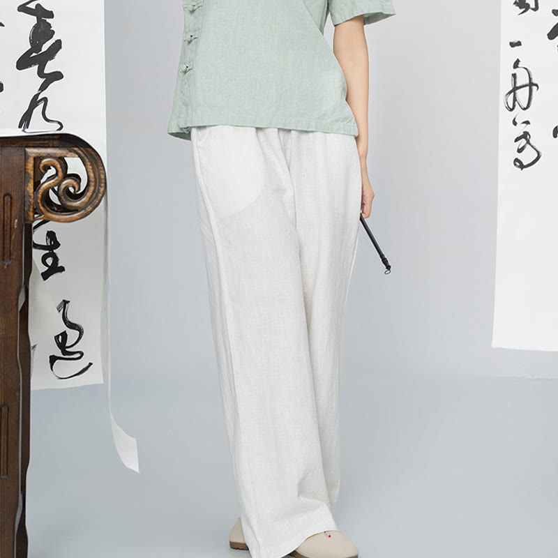 Casual Plain Loose Straight Leg Women's Ramie Cotton Wide Leg Pants With Pockets