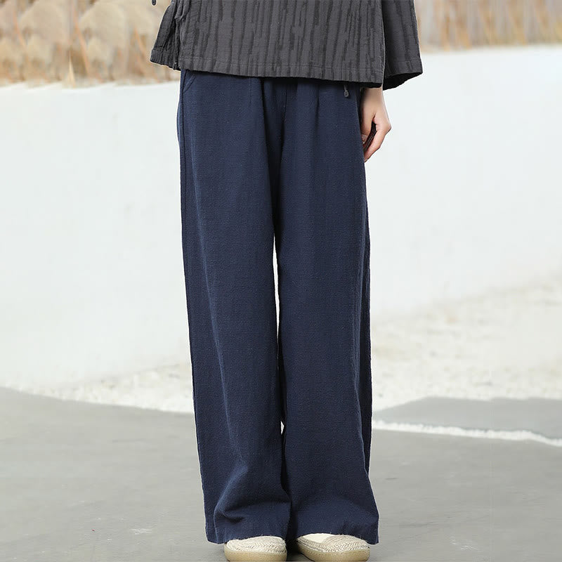 Casual Plain Loose Straight Leg Women's Ramie Cotton Wide Leg Pants With Pockets