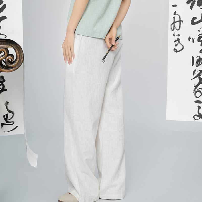 Casual Plain Loose Straight Leg Women's Ramie Cotton Wide Leg Pants With Pockets