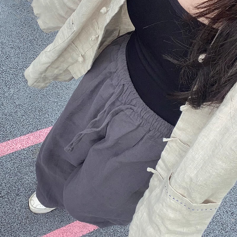 Casual Plain Loose Straight Leg Women's Ramie Cotton Wide Leg Pants With Pockets