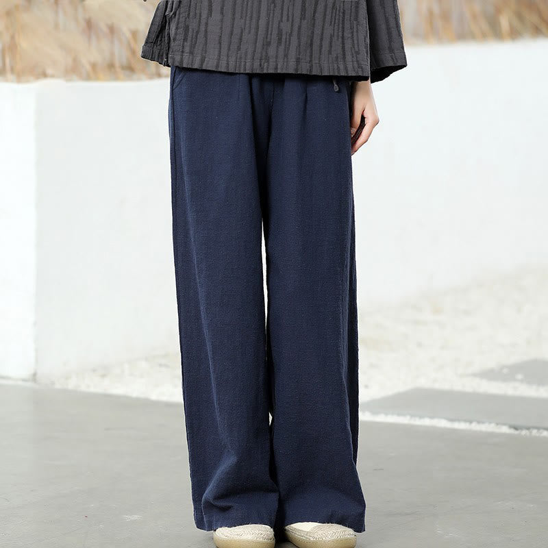 Casual Plain Loose Straight Leg Women's Ramie Cotton Wide Leg Pants With Pockets