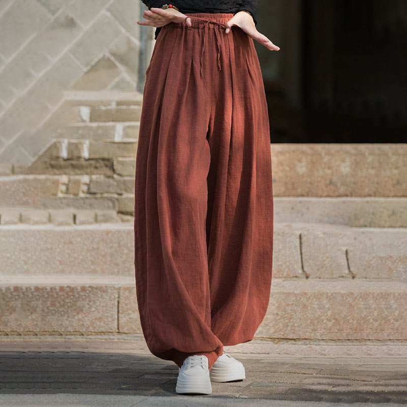 Casual Plain Loose Waist Tie Rope Women's Ramie Cotton Pants With Pockets