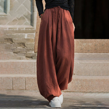 Casual Plain Loose Waist Tie Rope Women's Ramie Cotton Pants With Pockets
