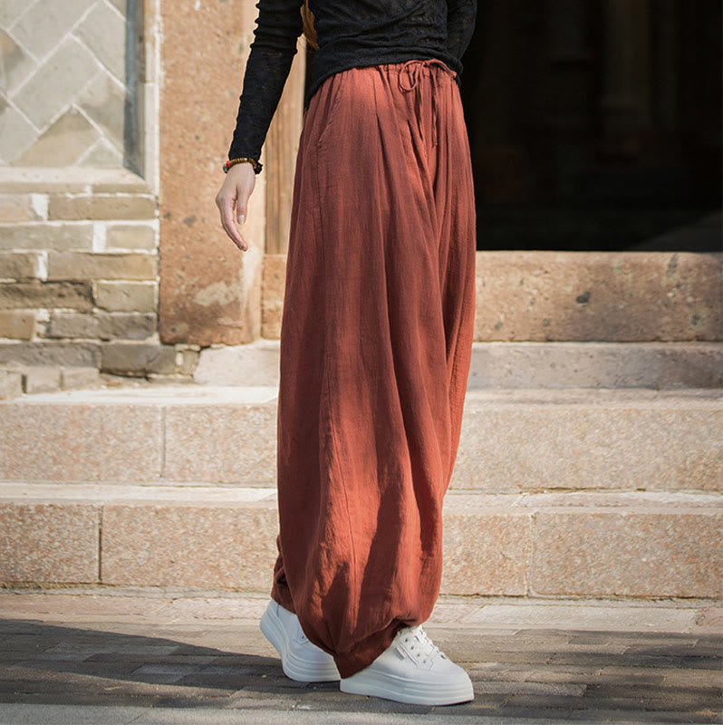Casual Plain Loose Waist Tie Rope Women's Ramie Cotton Pants With Pockets
