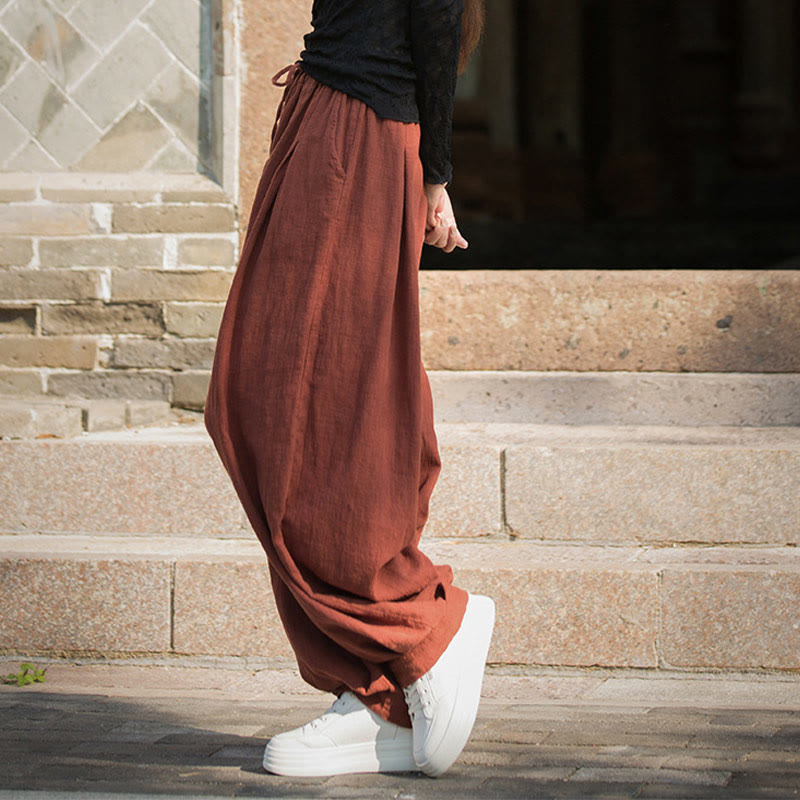 Casual Plain Loose Waist Tie Rope Women's Ramie Cotton Pants With Pockets