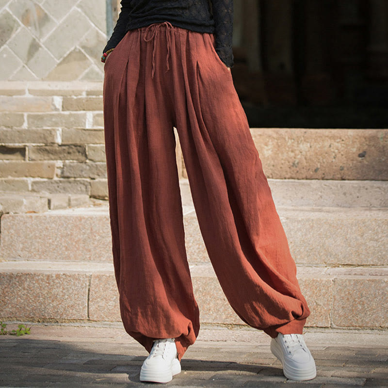 Casual Plain Loose Waist Tie Rope Women's Ramie Cotton Pants With Pockets