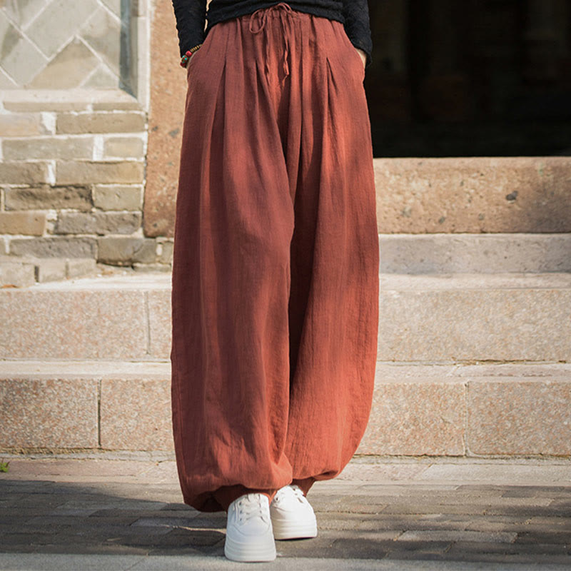 Casual Plain Loose Waist Tie Rope Women's Ramie Cotton Pants With Pockets