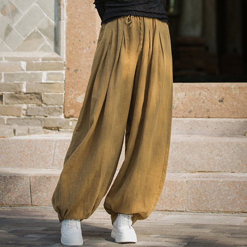 Casual Plain Loose Waist Tie Rope Women's Ramie Cotton Pants With Pockets