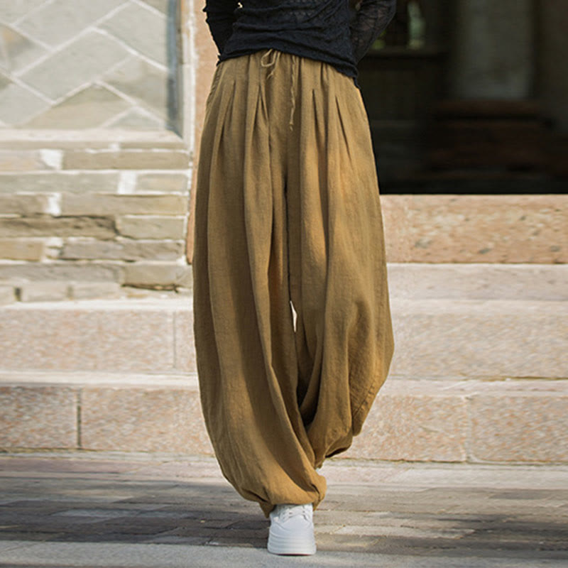Casual Plain Loose Waist Tie Rope Women's Ramie Cotton Pants With Pockets