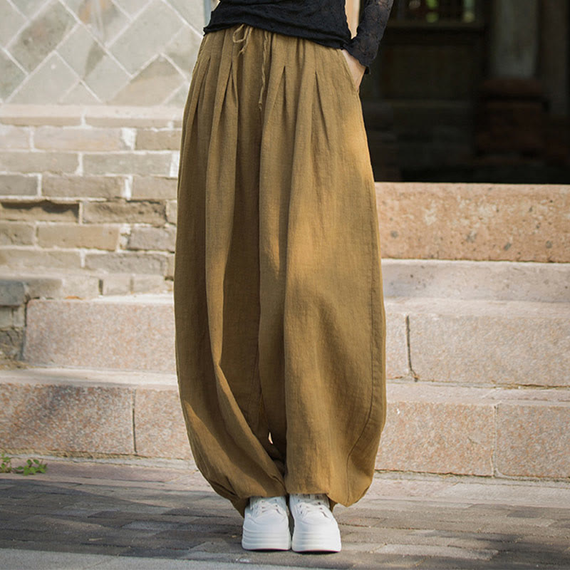 Casual Plain Loose Waist Tie Rope Women's Ramie Cotton Pants With Pockets