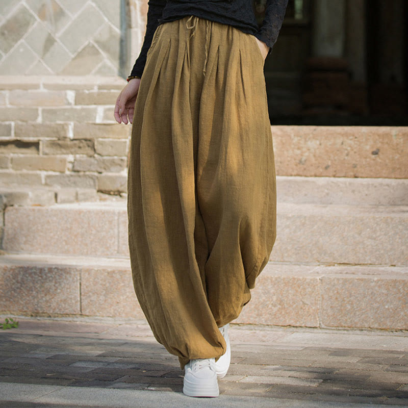 Casual Plain Loose Waist Tie Rope Women's Ramie Cotton Pants With Pockets