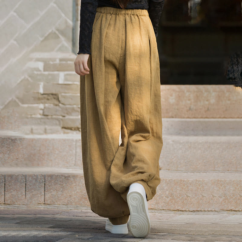 Casual Plain Loose Waist Tie Rope Women's Ramie Cotton Pants With Pockets