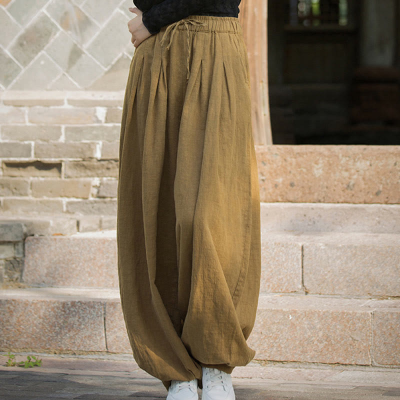 Casual Plain Loose Waist Tie Rope Women's Ramie Cotton Pants With Pockets