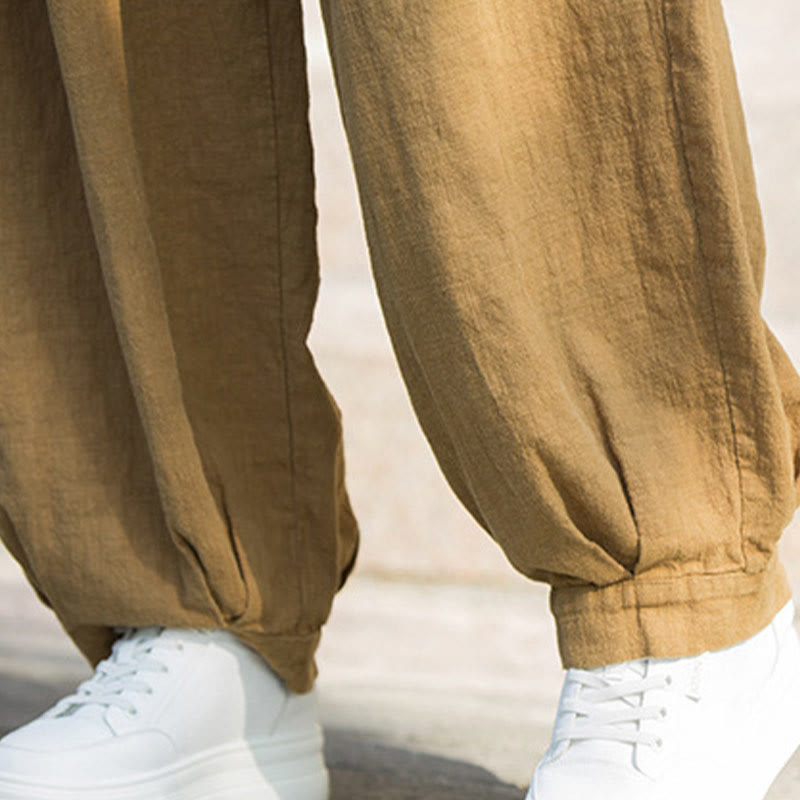 Casual Plain Loose Waist Tie Rope Women's Ramie Cotton Pants With Pockets