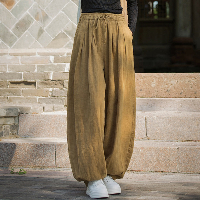 Casual Plain Loose Waist Tie Rope Women's Ramie Cotton Pants With Pockets