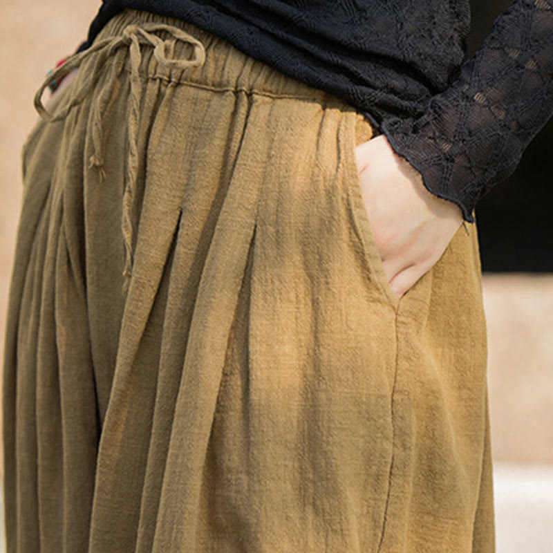 Casual Plain Loose Waist Tie Rope Women's Ramie Cotton Pants With Pockets