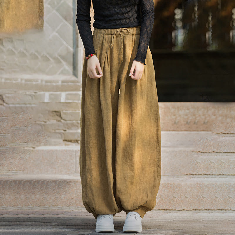 Casual Plain Loose Waist Tie Rope Women's Ramie Cotton Pants With Pockets