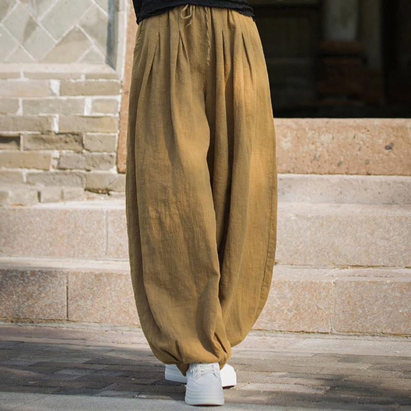 Casual Plain Loose Waist Tie Rope Women's Ramie Cotton Pants With Pockets