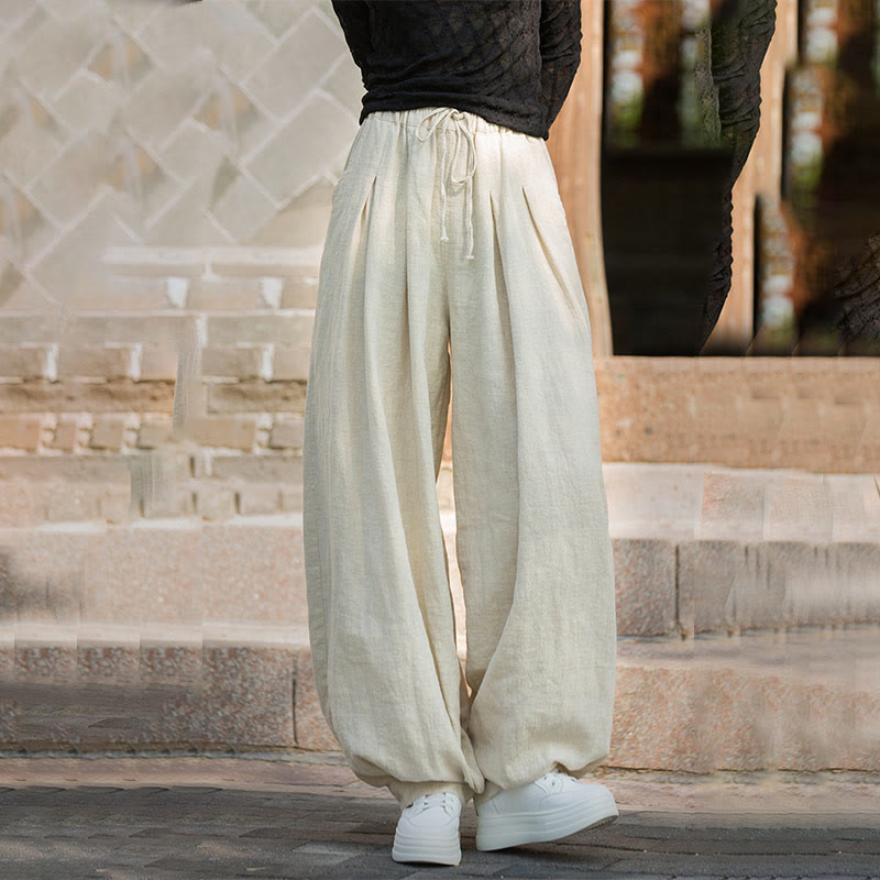 Casual Plain Loose Waist Tie Rope Women's Ramie Cotton Pants With Pockets