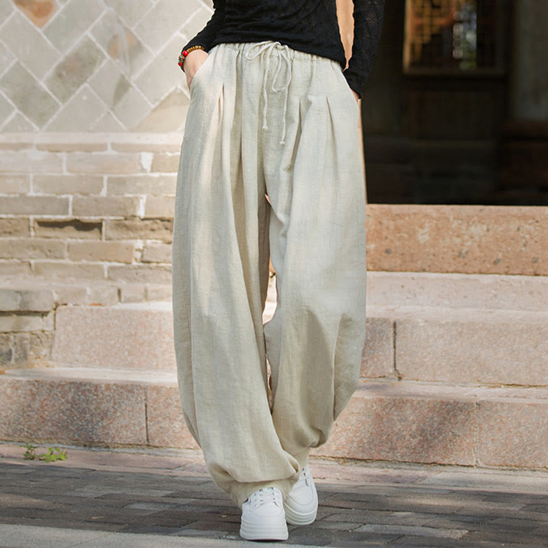 Casual Plain Loose Waist Tie Rope Women's Ramie Cotton Pants With Pockets