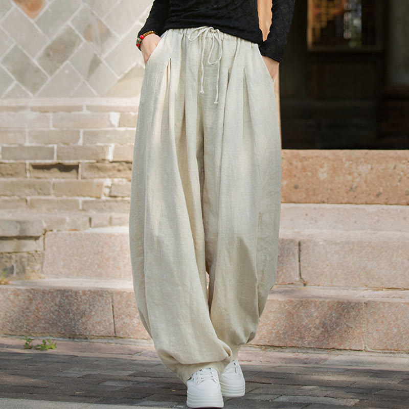 Casual Plain Loose Waist Tie Rope Women's Ramie Cotton Pants With Pockets