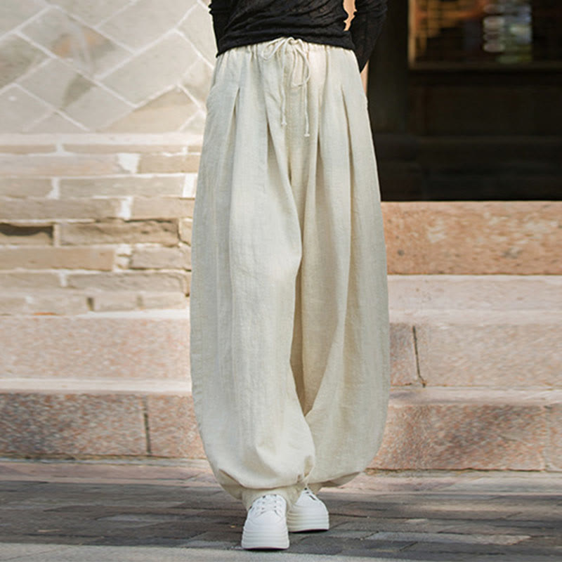 Casual Plain Loose Waist Tie Rope Women's Ramie Cotton Pants With Pockets