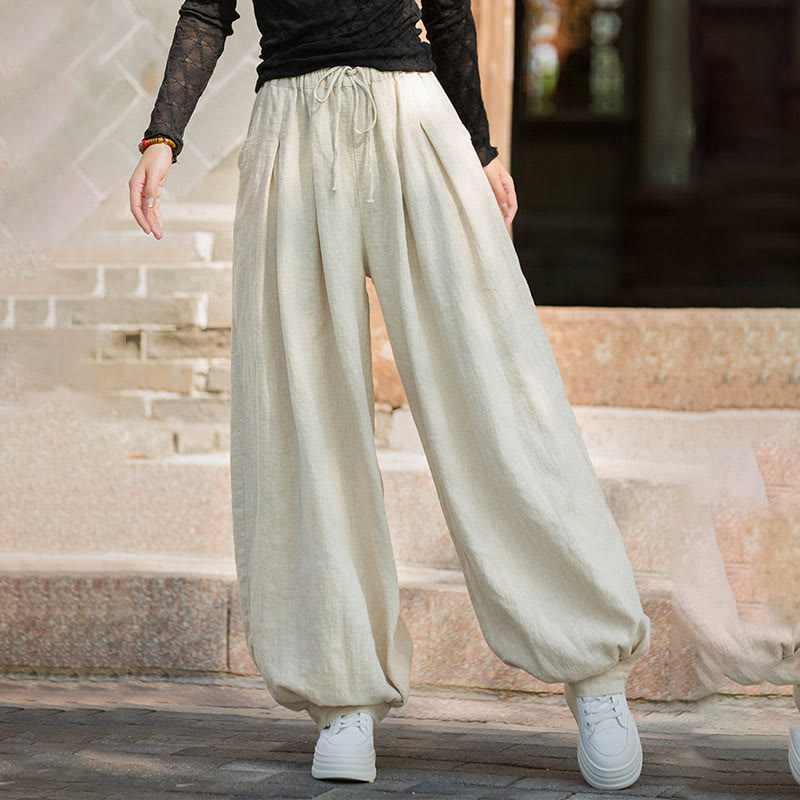 Casual Plain Loose Waist Tie Rope Women's Ramie Cotton Pants With Pockets