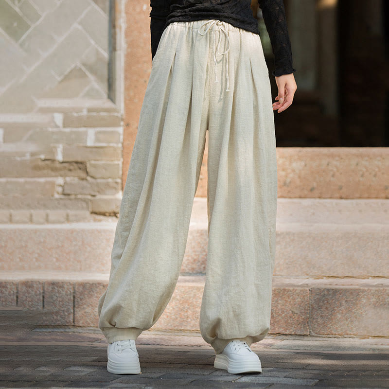 Casual Plain Loose Waist Tie Rope Women's Ramie Cotton Pants With Pockets