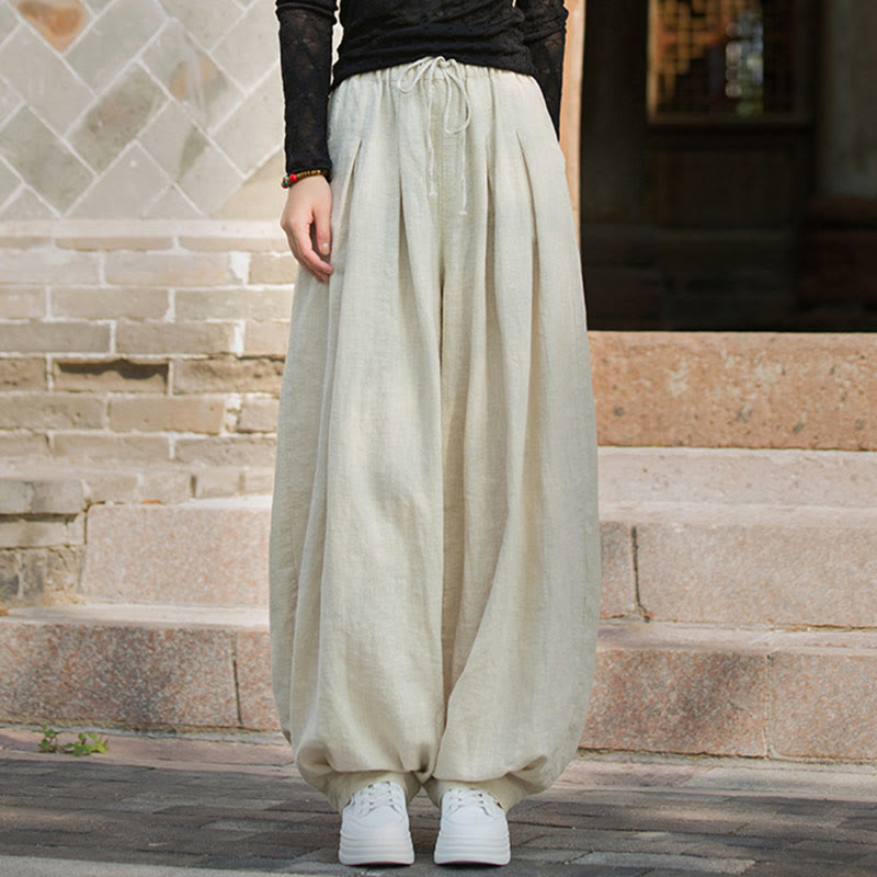 Casual Plain Loose Waist Tie Rope Women's Ramie Cotton Pants With Pockets