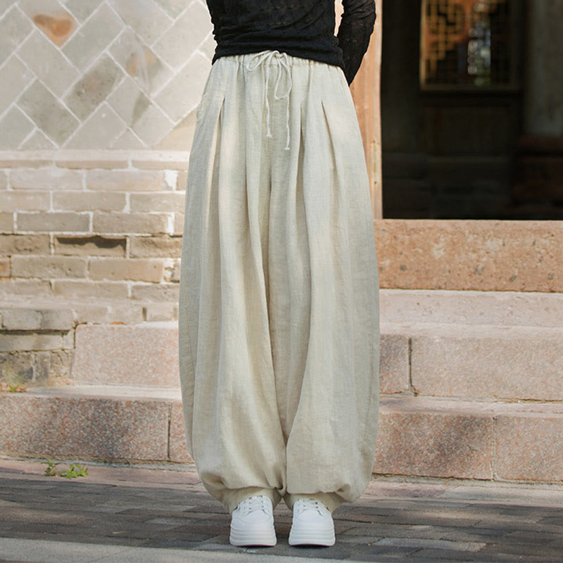 Casual Plain Loose Waist Tie Rope Women's Ramie Cotton Pants With Pockets