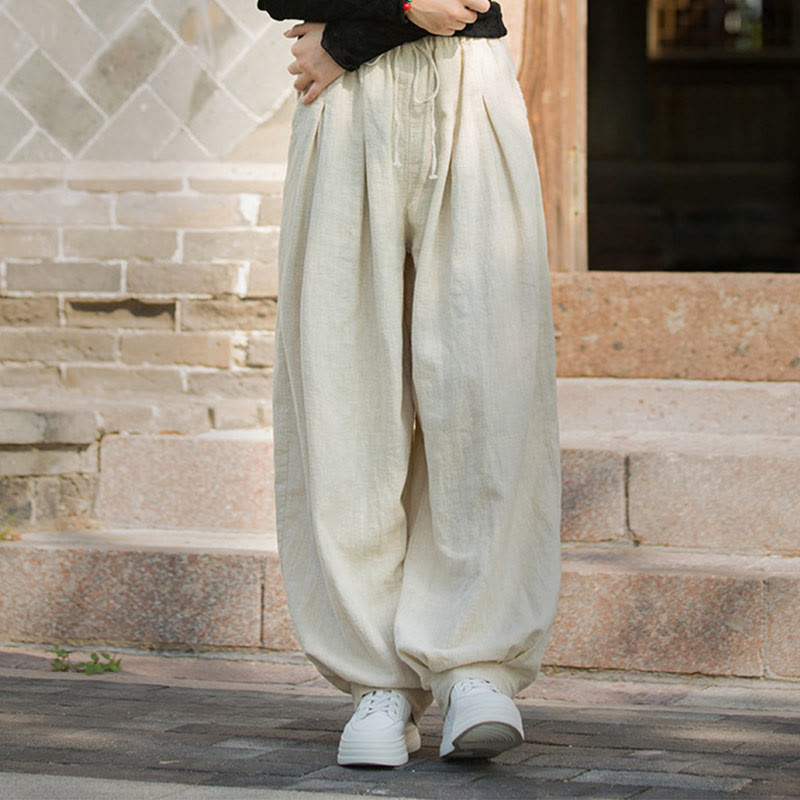 Casual Plain Loose Waist Tie Rope Women's Ramie Cotton Pants With Pockets