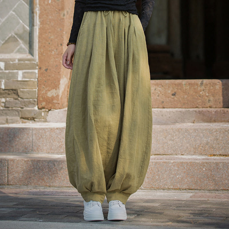 Casual Plain Loose Waist Tie Rope Women's Ramie Cotton Pants With Pockets