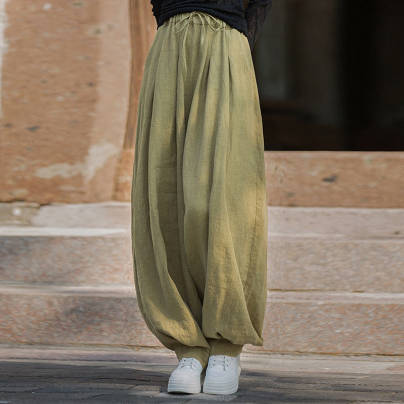 Casual Plain Loose Waist Tie Rope Women's Ramie Cotton Pants With Pockets