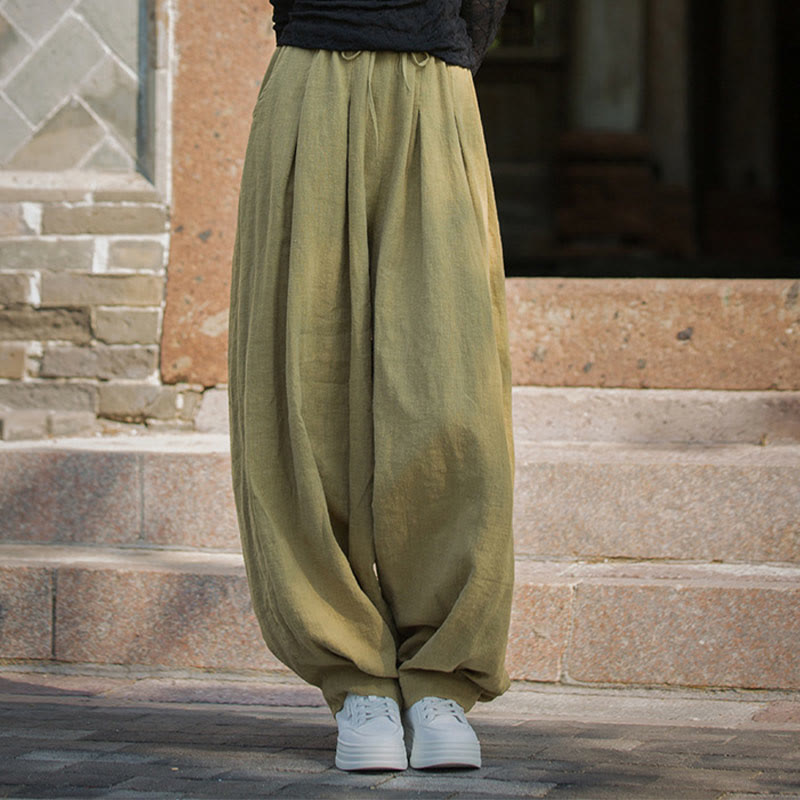 Casual Plain Loose Waist Tie Rope Women's Ramie Cotton Pants With Pockets