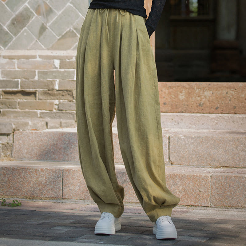 Casual Plain Loose Waist Tie Rope Women's Ramie Cotton Pants With Pockets